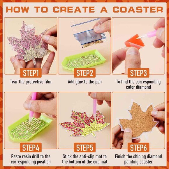 10 Pcs Diamond Art Coasters with Holder, DIY Maple Leaf Diamond Painting Coaster - Picture 6 of 7